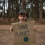 A small girl holds a cartoon paper that contains the text save planet